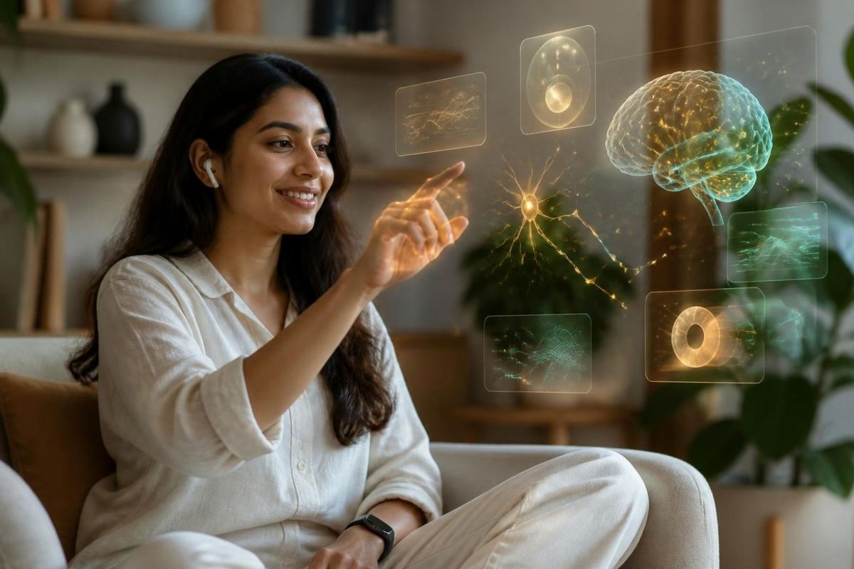 Mujer con reloj inteligente y auriculares interactuando con imágenes 3D de un cerebro y neuronas