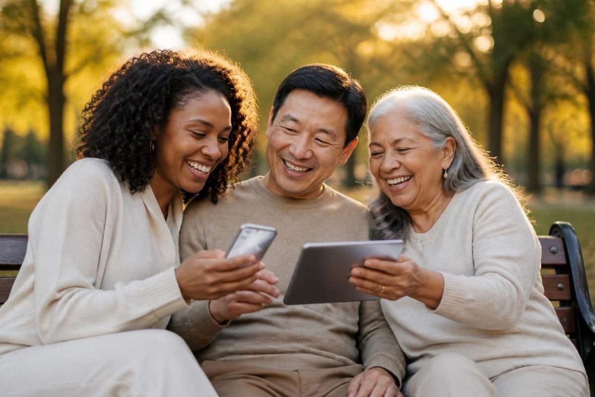 Tres amigos de distintas edades riendo en un banco del parque con un celular y una tablet
