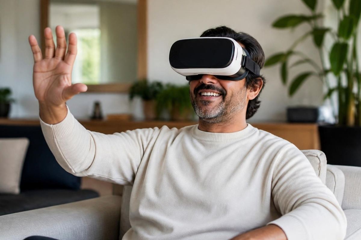 Hombre sonriendo con lentes de realidad virtual en su casa