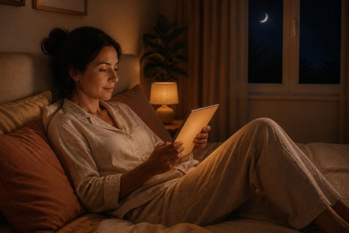 Mujer relajada en la cama por la noche usando una tablet con luz cálida