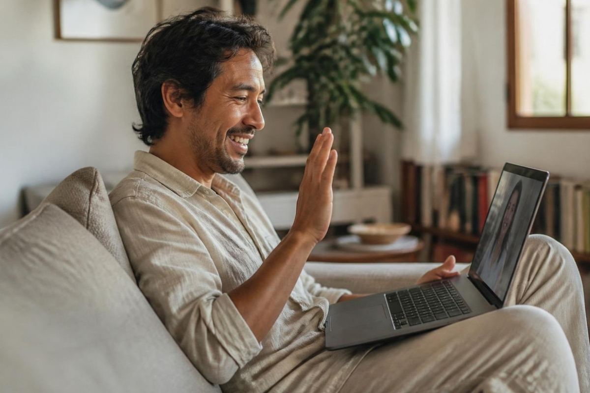 Hombre sonriendo y saludando en una videollamada desde su notebook, en el living de su casa